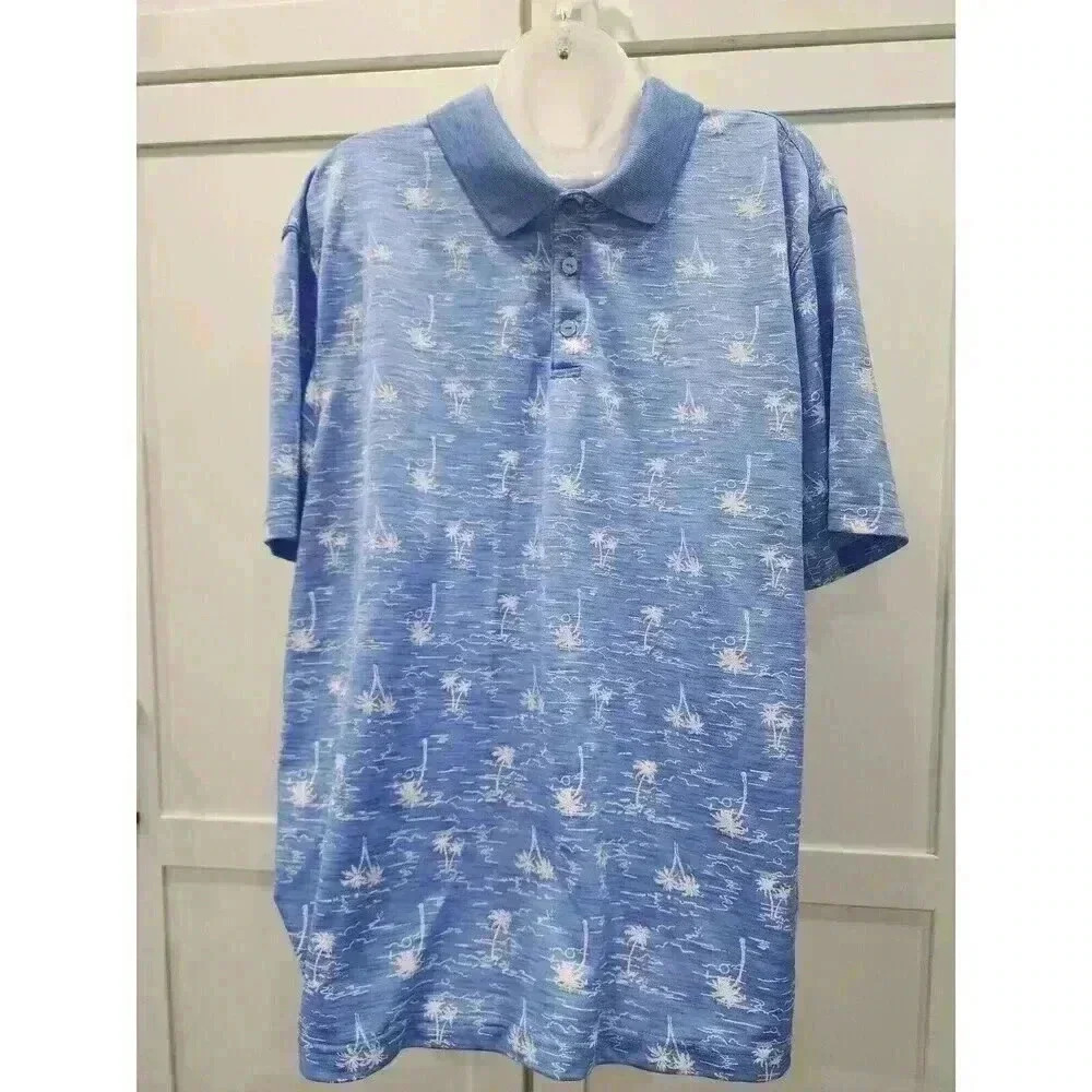 Haggar XL Palm Beach short Sleeve Polo Shirt Mens Polyester Blue White